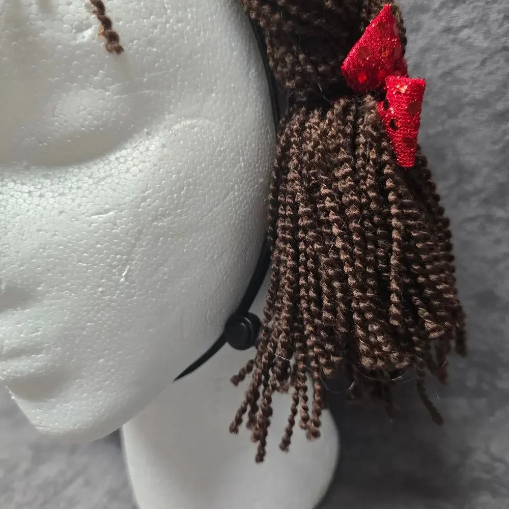 Brown Yarn Braided Hair In Pigtails with Red Bow Adjustable Strap Costume Wig